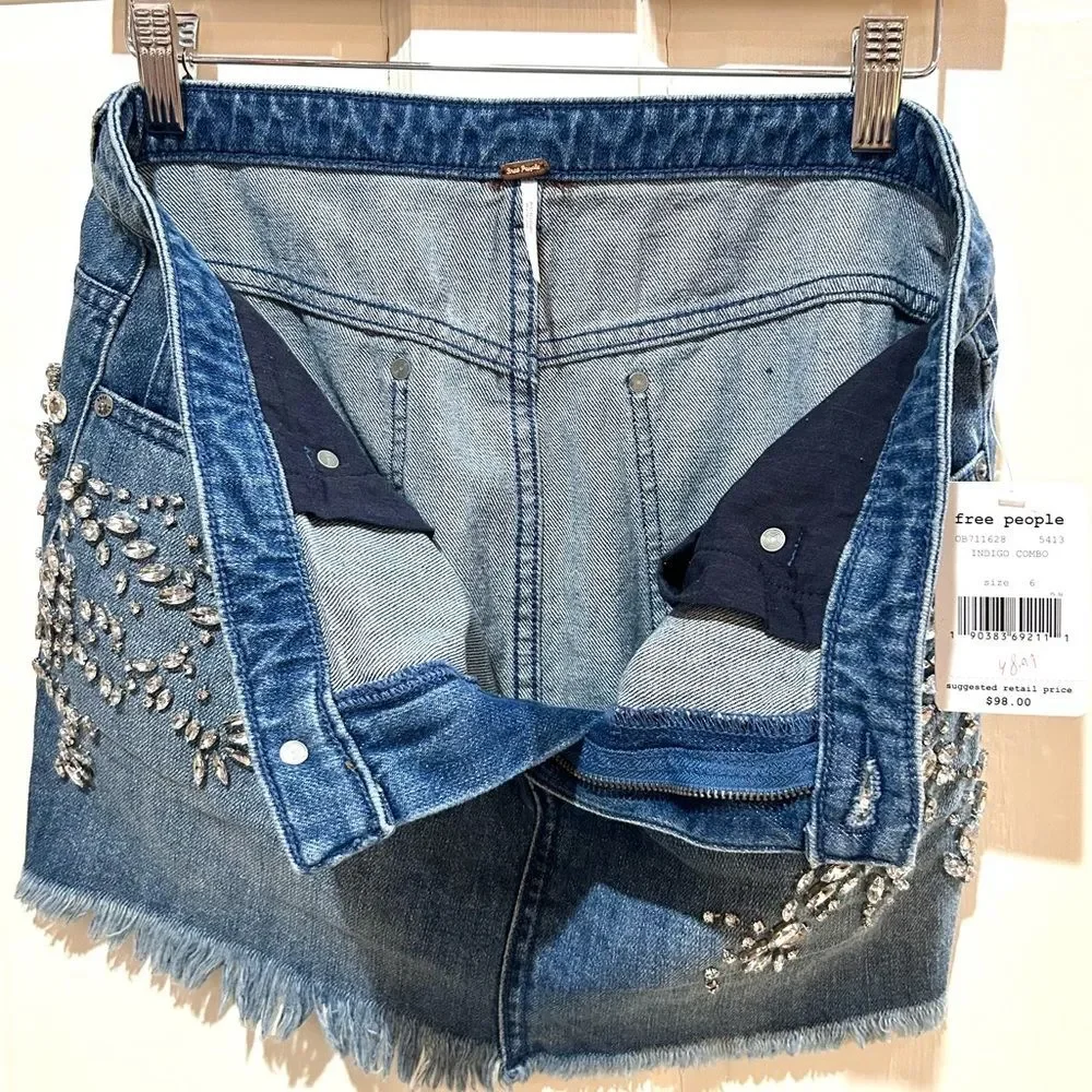 Free People NWT Shine Bright Rhinestone Denim Mini Skirt Y2K 90s Retro Size 6